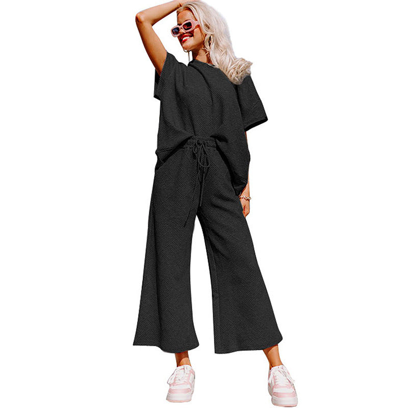 Traje de pantalón holgado de manga corta para mujer