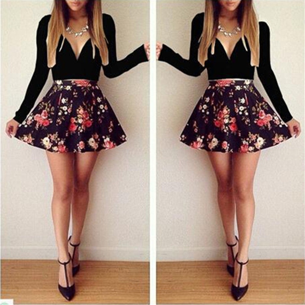 Collar Long Sleeve Low Cut Floral Print Mini Dress Women Autumn Print Short Skirt