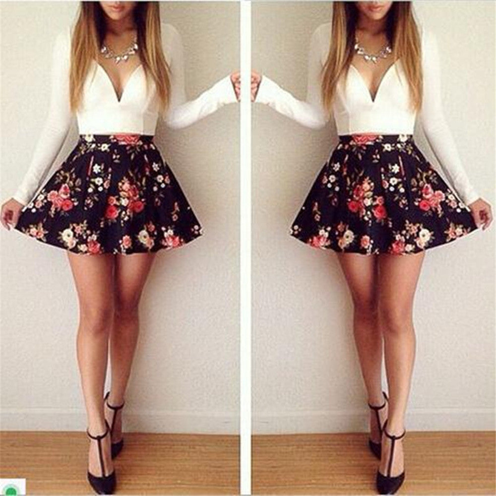 Collar Long Sleeve Low Cut Floral Print Mini Dress Women Autumn Print Short Skirt