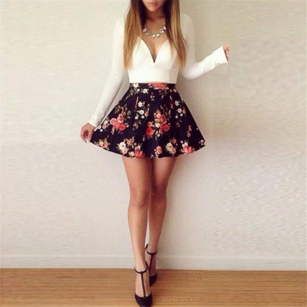 Collar Long Sleeve Low Cut Floral Print Mini Dress Women Autumn Print Short Skirt