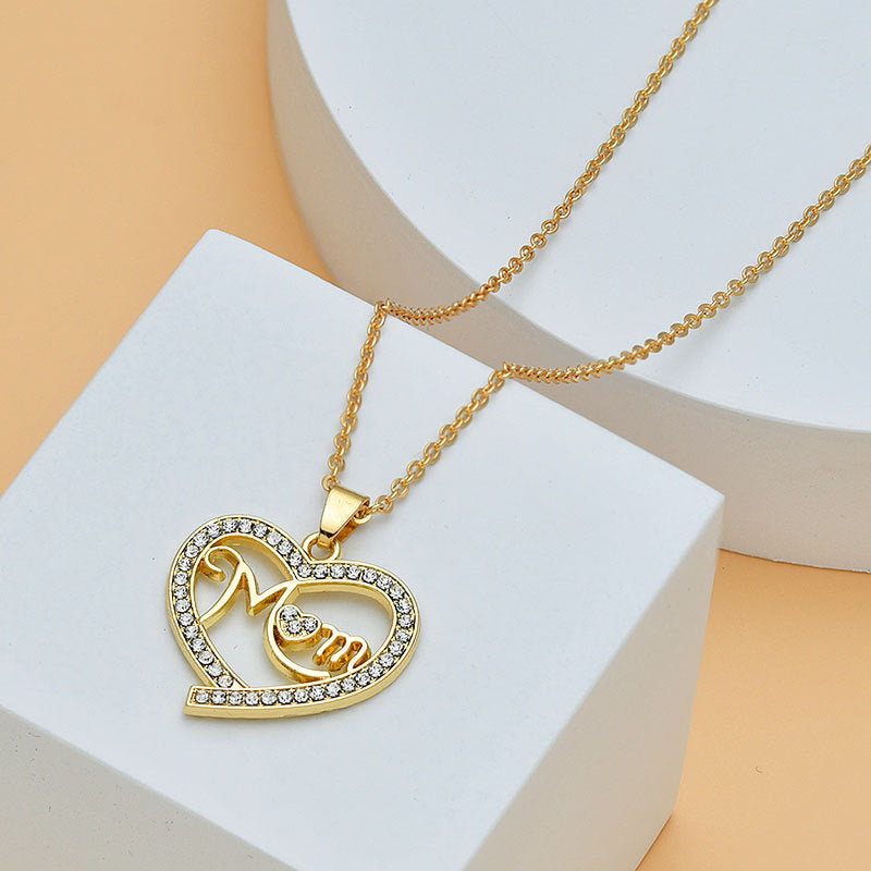 Collar con forma de corazón y letras de diamantes para el Día de la Madre para mujer, joyería fina, accesorios para mujer, joyería de moda.
