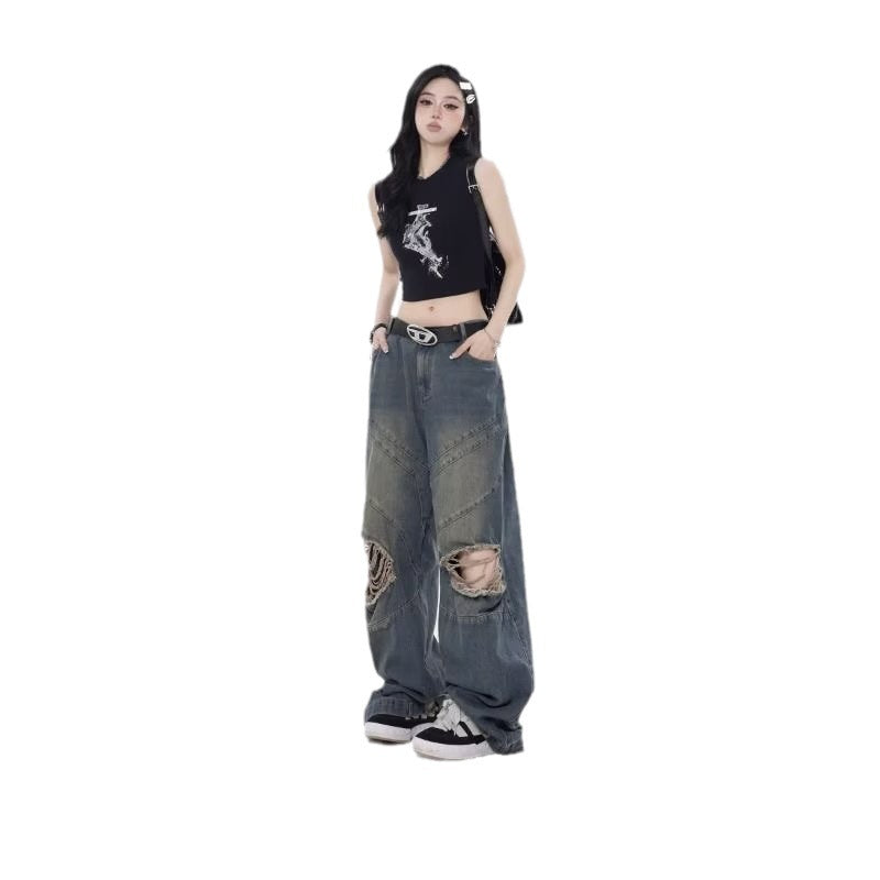 Pantalones rectos casuales holgados retro para mujer