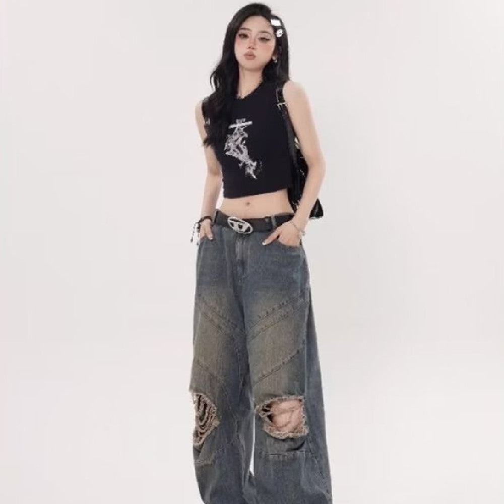Pantalones rectos casuales holgados retro para mujer