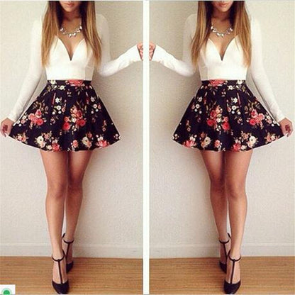 Collar Long Sleeve Low Cut Floral Print Mini Dress Women Autumn Print Short Skirt