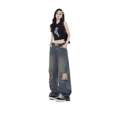 Pantalones rectos casuales holgados retro para mujer