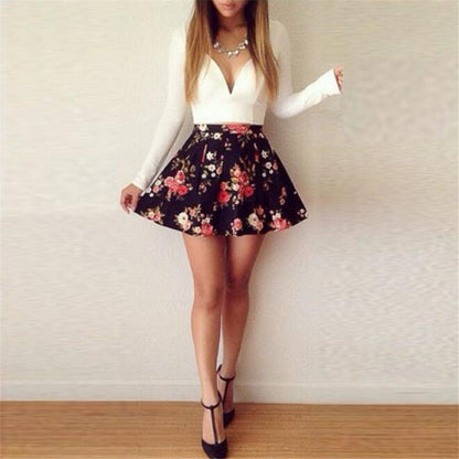 Collar Long Sleeve Low Cut Floral Print Mini Dress Women Autumn Print Short Skirt